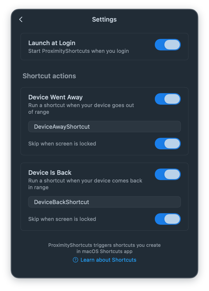 ProximityShortcuts Settings