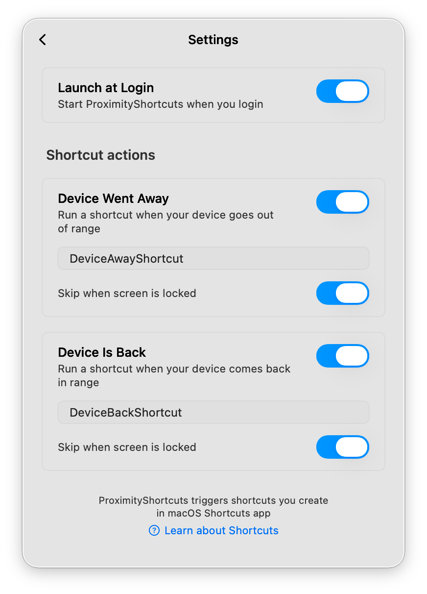 ProximityShortcuts Settings Light Mode